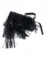 Close-up view of the black multi-layer fringe leather belt with punk rivets detail. - 105cm / Black