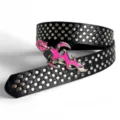 Y2K punk style black studded leather belt with pink cross metal buckle, street fashion accessory. - 105cm / Black