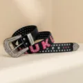 Rhinestone studded black leather punk belt with pink letter design for men and women daily - 118cm / Black