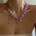 Purple heart beaded necklace with a stunning gold hollow heart pendant for women and girls. - Purple
