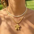 Fashion double layer pearl choker and gold flower pendant necklace for women chic style main view - Flower