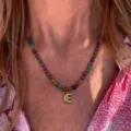 Colorful beaded necklace with gold letter E pendant stainless steel fashion jewelry everyday - Letter E