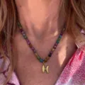 Colorful beaded necklace with gold letter H pendant for women fashion daily wear chic jewelry. - Letter H