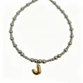 Stainless steel bead necklace with gold puffy letter J pendant, fashion jewelry. - Letter J