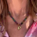Fashion colorful beaded necklace with gold letter pendant stylish daily jewelry for women - Letter P