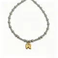 Stainless steel beaded necklace with gold puffy letter R pendant for daily fashion wear. - Letter R