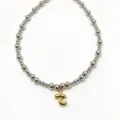 Stainless steel beaded chain necklace with cute gold puffy letter pendant fashion jewelry for women. - Letter T