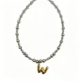 Stainless steel beaded necklace with gold puffy letter pendant, fashion clavicle jewelry. - Letter W