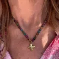 Colorful beaded necklace with gold puffy cross pendant stylish daily neck jewelry - Letter X