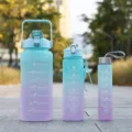 Gradient blue outdoor plastic water bottle with time markers and motivational quotes for fitness. - Large 2000ml/Medium 750ml/Small 300ml / Green