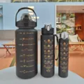 Large capacity outdoor plastic water bottle set with time markers for fitness and sports. - Black