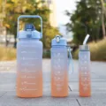Gradient plastic water bottle set with time markers and motivational quotes for outdoor sports fitness. - Large 2000ml/Medium 750ml/Small 300ml / Blue