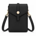 Black PU leather mini crossbody phone bag with gold hardware, stylish mobile wallet. - Elegant Black