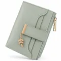 Mint green PU leather short wallet detail, compact card holder with cute leaf pendant. - Gift Box / Pale Green