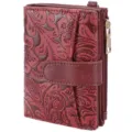 Women vintage embossed short wallet bifold PU leather card holder purse with zipper pocket - Gift Box / Burgundy