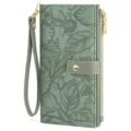 Elegant sage green long wallet with embossed floral pattern, gold hardware and wrist strap. - Light Green