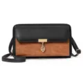 Damen Umhängetasche Schultertasche, zweifarbiges PU-Leder mit goldenem Blatt-Anhänger. - Schwarz und Braun