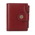 Red leather women wallet detail view with metal sunflower snap and side zipper pocket. - Gift Box / Burgundy