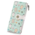 Cute cat print long wallet detail showing mint green leather and metal sunflower snap button. - Kitten Print / Kitty White