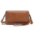 Vintage oil wax leather crossbody bag with metal studs and detachable strap for women. - Tan