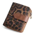 Leopard print short wallet detail, compact zip coin purse with snap closure strap design. - Leopard Brown