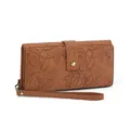 Detailed view of the embossed floral long wallet, showcasing fine craftsmanship and PU leather. - Embossed Brown