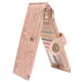 Pink floral embossed long accordion wallet with double zippers, multiple card slots and snap button. - Light Pink
