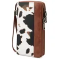 Women double zipper long wallet retro cow print wristlet purse large capacity card holder clutch - Brown Cow Print