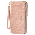 Women double zipper long wallet pink floral embossed leather clutch purse with wrist strap. - Light Pink