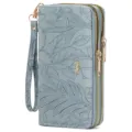 Women's long double zipper wallet clutch with elegant leaf embossed pattern and wrist strap. - Light Blue