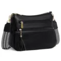 Close-up of black PU leather shoulder bag detail with multi-zipper pockets and gold hardware. - Elegant Black
