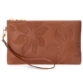 Brown women's long clutch wallet featuring stylish floral debossed pattern and secure zip closure. - Tan