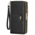Black long double zipper wallet detail, elegant embossed floral pattern with wristlet strap. - Midnight Black
