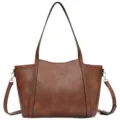 Brown leather tote bag with top handles and shoulder strap, spacious commuting shoulder bag. - Tan