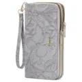 Detailed view of grey floral embossed long double zipper wallet with wrist strap clutch. - Light Gray