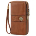 Brown PU leather long wallet detail, double zipper pocket, vintage embossed floral design. - Tan
