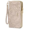 Women's long double zipper floral embossed wallet with wrist strap chic clutch purse. - Beige Apricot