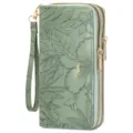 Close-up view of the exquisite embossed floral texture and double zippers of the green wallet. - Mint Green