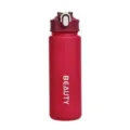 Portable plastic sports water bottle with straw and secure flip lid for outdoor fitness. - Red