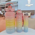 Gradient plastic water bottle set of three, portable sports drink cup with time marker for gym. - Pink