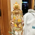Jolie gourde enfant motif capybara avec sangle tasse en plastique paille pour école extérieur - Marron