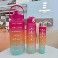 Gradient pink plastic water bottle set of three with time marker and straw for outdoor sports. - Red