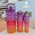 Large capacity gradient motivational water bottle set, portable plastic outdoor fitness cup. - Purple
