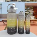 Gradient plastic water bottle set of three, portable fitness sports cup with time markers. - Gray