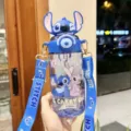 Stitch cartoon kids water bottle with strap portable plastic cup outdoor student drinkware - Blue