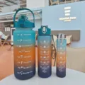 Gradient plastic water bottle set of 3, motivational time marker fitness gym sport cup. - Blue