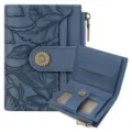 Close-up detail of blue embossed leaf pattern women wallet with cute daisy snap button. - Embossed Blue