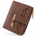 Women short PU leather wallet with leaf pendant, brown card holder coin purse daily fashion chic - Gift Box / Tan