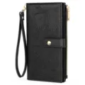 Women black long wallet clutch wristlet embossed floral pattern zipper card holder organizer purse - Black