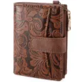 Vintage brown embossed floral women short wallet with zipper pocket and snap closure. - Gift Box / Tan
